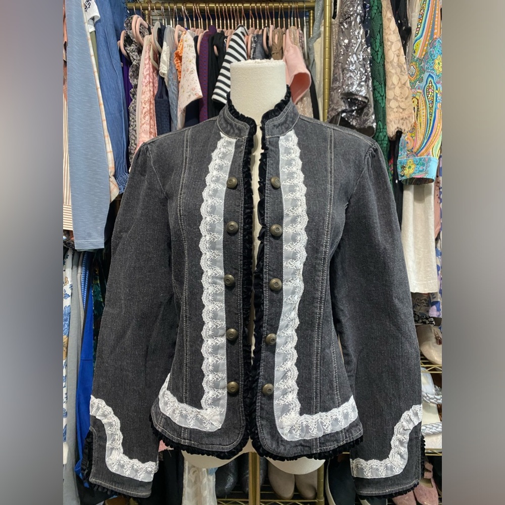 Live a Little Vintage Y2K Romantic Lace Trim Military Denim Jacket Large
